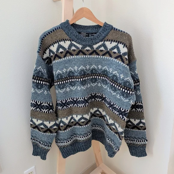 Vintage Abstract Geometric Chunky Textured Crewneck Sweater In Sky Blue/Tan - Picture 4 of 8